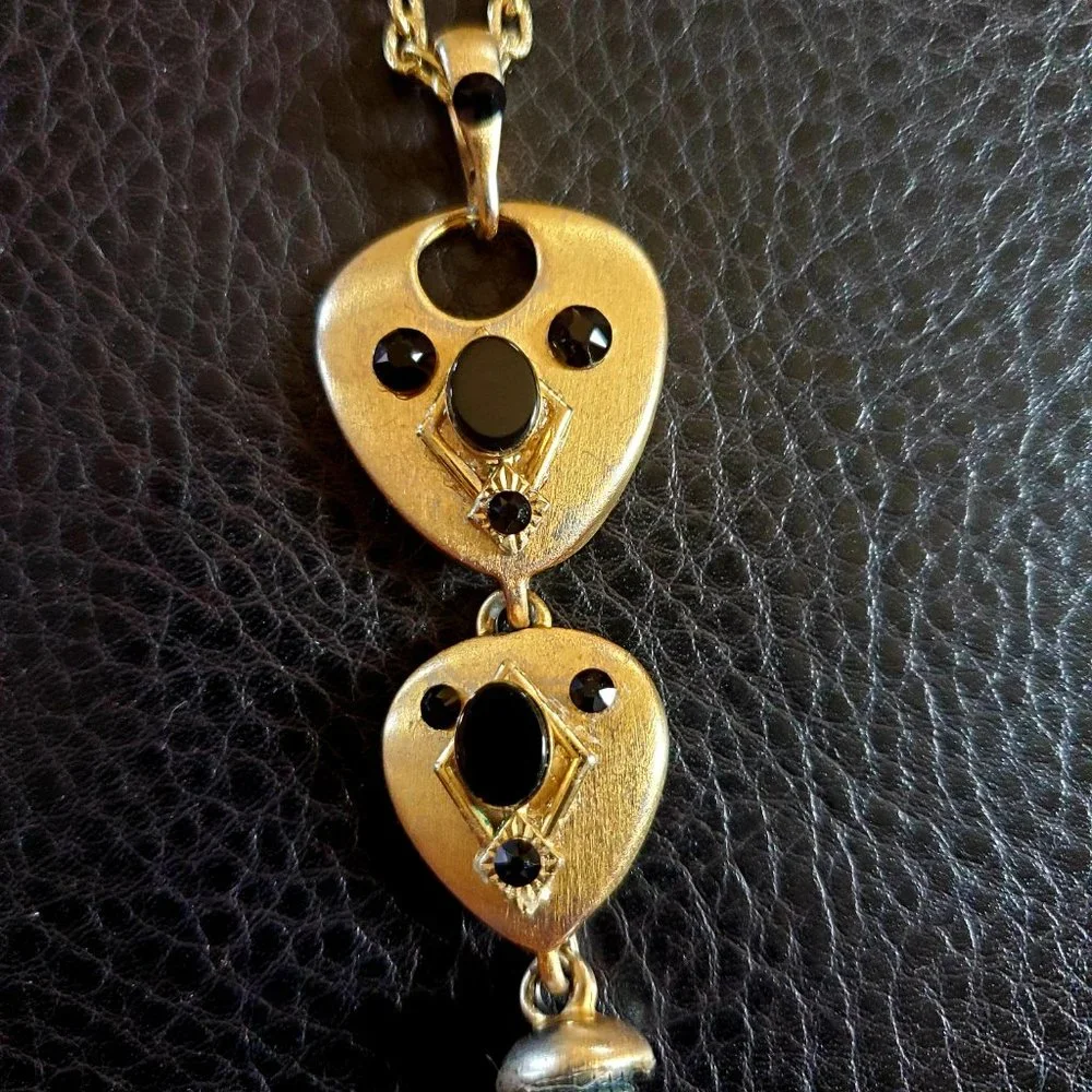Brushed Gold Black Rhinestone Long Dangle Pendant Dressy Necklace Vintage 20